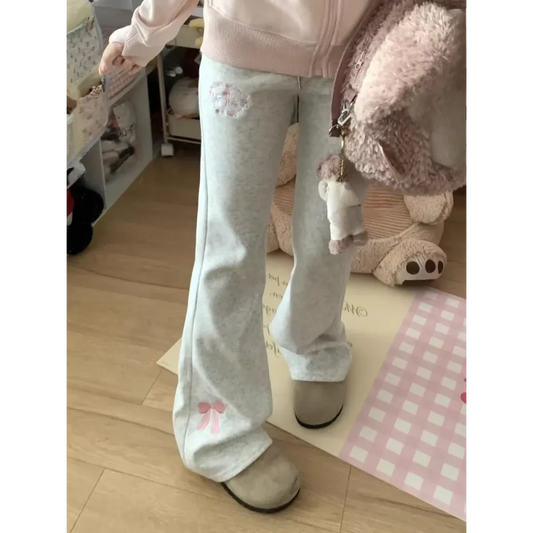 Flare Sweatpants – Kawaii High Waist Embroidered Trousers - Bottoms - Women’s Pants - 1