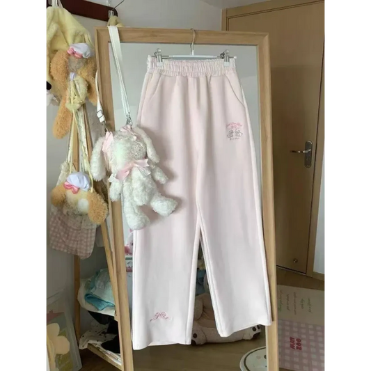 Kawaii High Waist Flare Pants – Bow Embroidery Slim Fit Trousers - Bottoms - Women’s Pants - 2