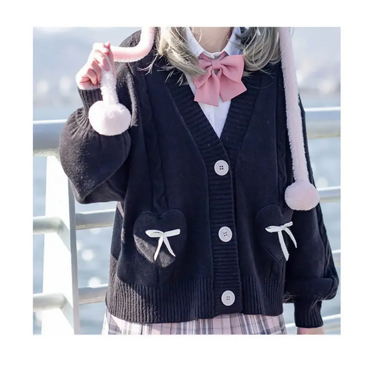 Kawaii Knitted Cardigan – Women’s Heart Pocket Bow Sweater - Sweaters - Long - Shirt - Cardigans - 1