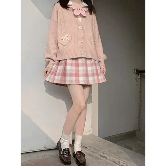 Kawaii Knitted Cardigan – Women’s Heart Pocket Bow Sweater - Sweaters - Long - Shirt - Cardigans - 2