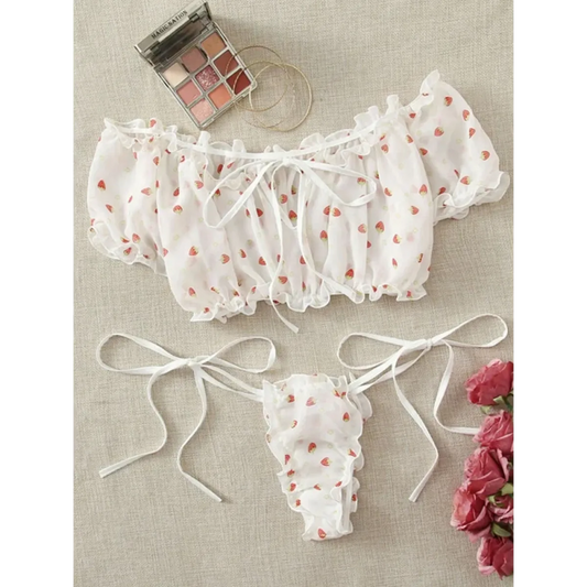 Off Shoulder Kawaii Lingerie Set - Cute Strawberry Print Bra with Ruffles - Women’s Clothing & Accessories - Lingerie