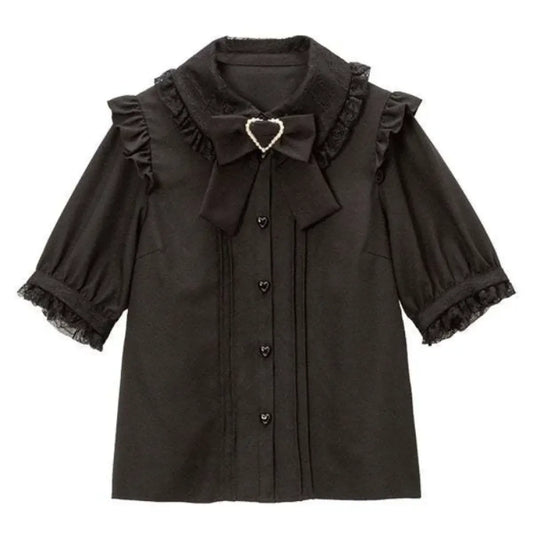 Kawaii Lolita Lace Blouse – Y2K Grunge Bow Shirt with Heart Buttons - T-Shirts - Short - Blouses - 5