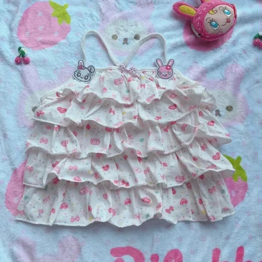 White Kawaii Ruffle Camisole – Bunny Embroidery & Bow Print - Women’s Clothing & Accessories - Camisole - 1