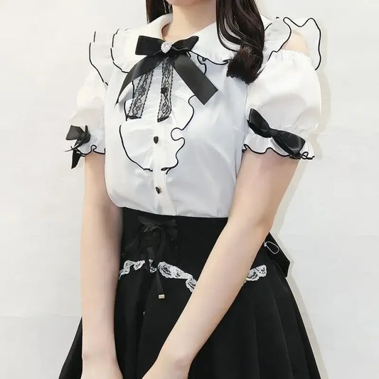 Sweet Lolita Ruffled Blouse - Bow Top Kawaii Y2K Aesthetic - Blouses & Shirts - Short - Shirt - Blouses - 7