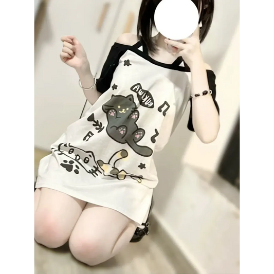 Off-Shoulder Cat Print T-Shirt – Kawaii Y2K Grunge Top - T-Shirts - Short - Asymmetric - T-Shirts - 1