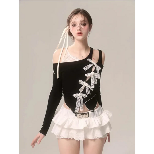 Lace Bow Cutout Top – Kawaii Y2K Harajuku Aesthetic - T-Shirts - Long - Asymmetric - Blouses - 1