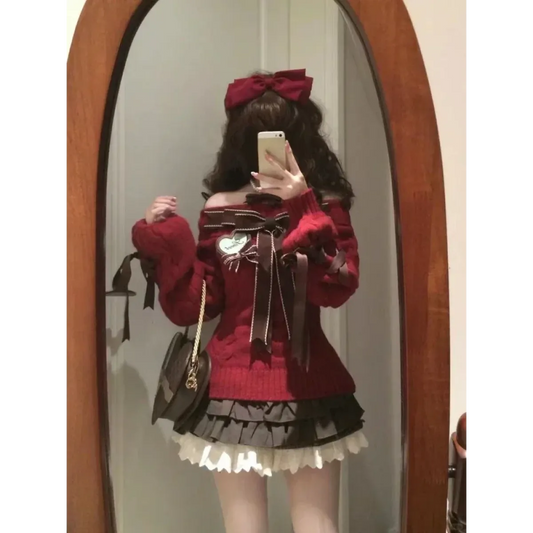 Sweet Bow Knit Pullover & Ruched Cake Skirt Set - Bottoms - Sets / Co-ords - 2