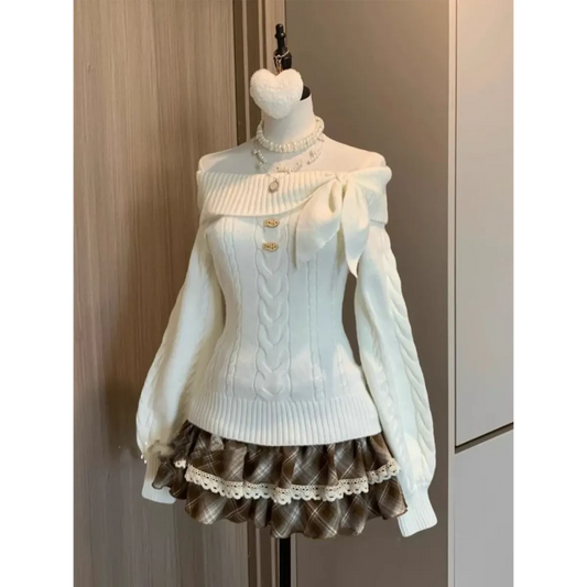 Sweet Bow Lace Knit Pullover Sweater - Sweaters - Sweater / Pullover - 2