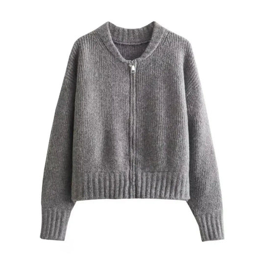 Grey Knit Zip-Up Cardigan – Korean Autumn Layer - Sweaters - Sweaters - 1