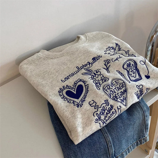 Korean Embroidered Cupid Graphic Short Sweatshirt - T-Shirts - Sweatshirt - 2