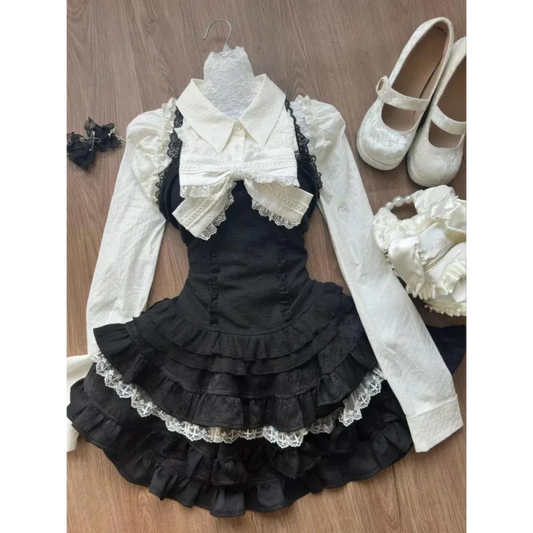 Lace Tiered Skirt Set – Sweet Lolita Kawaii Style - Bottoms - Long - Shirt - Clothing Sets - 2