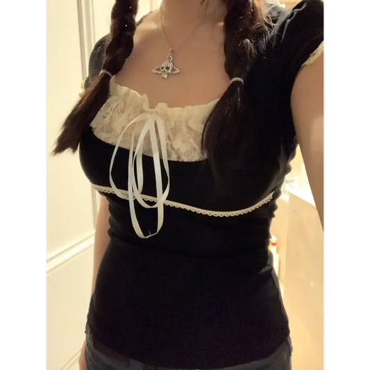 Lace Trim Crop Top: Sweet Square Neck Harajuku Tee - T-Shirts - 1