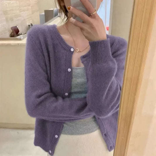 Lavender Knit Button-Up O-Neck Cardigan - Women’s Clothing & Accessories - Cardigan - 1