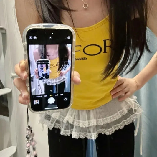 Layered Lace Mini Skirt – Y2K E-Girl High Waist Ruched Hem - Bottoms - Short - Skirts - 2