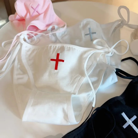 Cross Embroidered Low-Waist Lace-Up Lolita Cotton Panties – Kawaii - Sexy Lingerie - Panties - 1