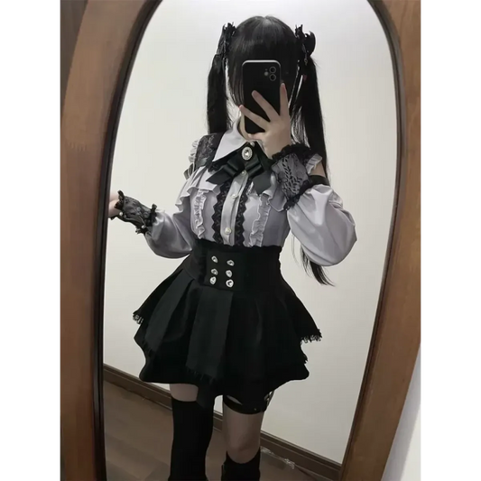 Lolita Harajuku Set – Lace Blouse & High Waist Skirt - Bottoms - Sets - 1