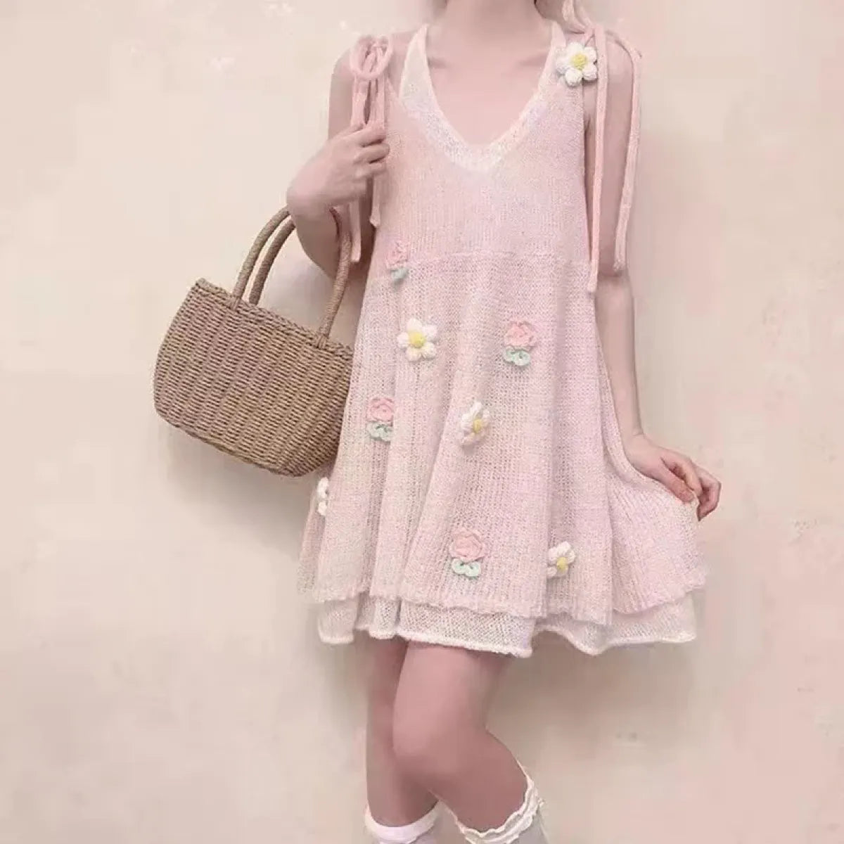 Lolita Sling Knit Dress for Summer Cute Floral A-Line  Kawaii Stop