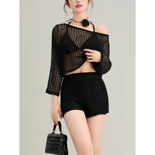 White Hollow-Out Long Sleeve High Waist Swimsuit Set - Swimsuits - Swimsuits - 1