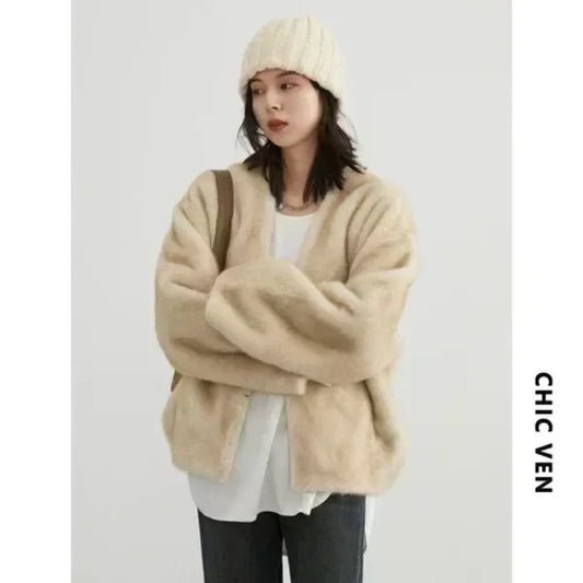 Plush V-Neck Loose Fit Jacket - Jackets & Coats - Jacket - 6