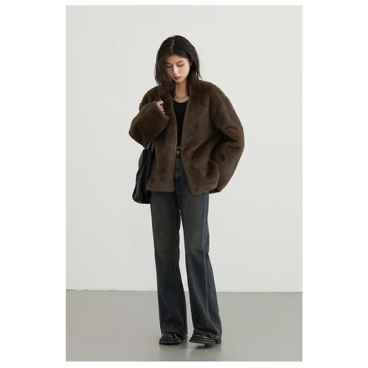 Plush V-Neck Loose Fit Jacket - Jackets & Coats - Jacket - 1