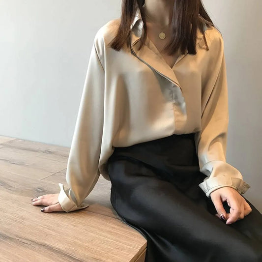 Loose Satin V-Neck Blouse – Soft Minimalist Style - Women’s - 1