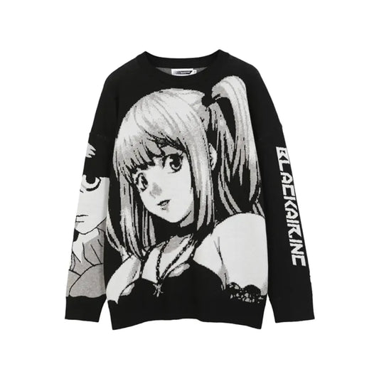 Manga Muse Knit Sweater – Monochrome Anime-Inspired Oversized Pullover - Sweaters - 7