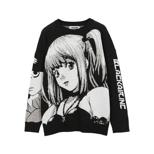Manga Muse Knit Sweater – Monochrome Anime-Inspired Oversized Pullover - Sweaters - 2