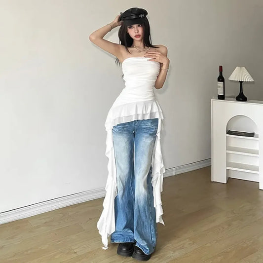 Strapless Ruffle Hem Top – Harajuku Summer Fairy Kei Style - T-Shirts - Strapless - Off-Shoulder - Tops - 2