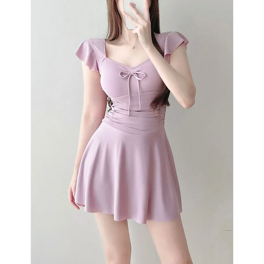 Mauve Ruffle Sleeve One Piece Swimsuit – Bow Detail Mini Dress Style - All Dresses - Sleeveless - Swimwear - 6