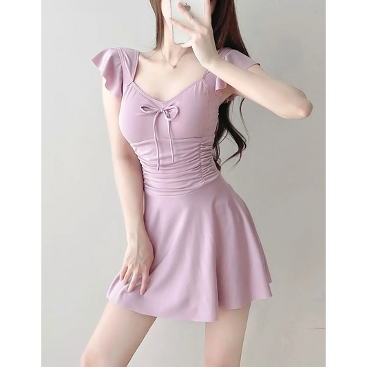 Mauve Ruffle Sleeve One Piece Swimsuit – Bow Detail Mini Dress Style - All Dresses - Sleeveless - Swimwear - 1