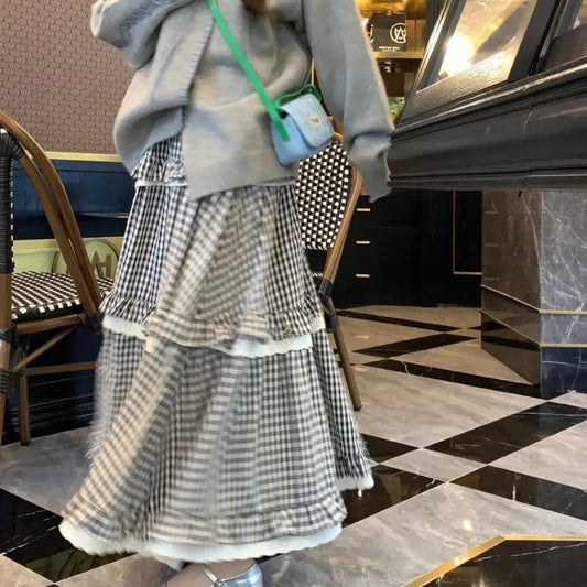 Harajuku Plaid Lace Ruffle A-line Maxi Skirt - Bottoms - Skirts - 6