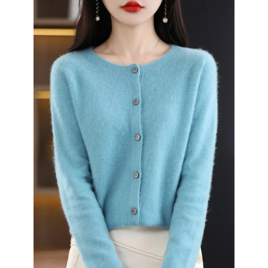 Merino Wool Korean-Style O-Neck Cardigan - Sweaters - Cardigan - 1