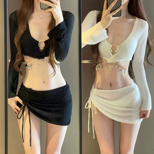 Mermaid 4PC Bikini Set – Drawstring Skirt & Diamond Chain Trim - Bottoms - Long - Swimwear - 2