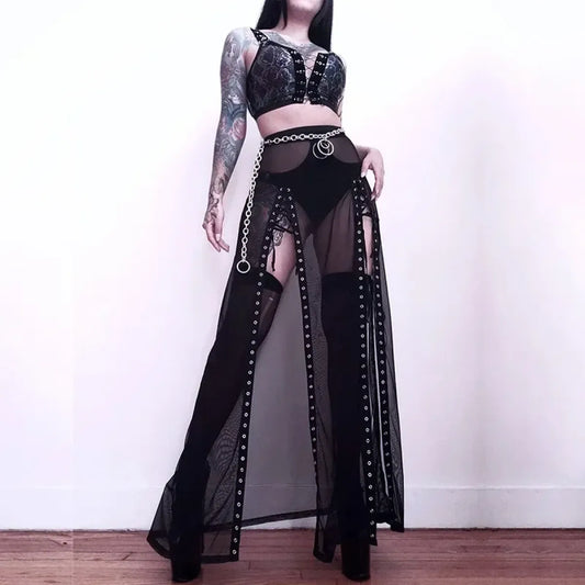 Mesh Gothic Side Slit Skirt – Punk Lace-Up High Waist Maxi Skirt - Bottoms - Skirts - 1