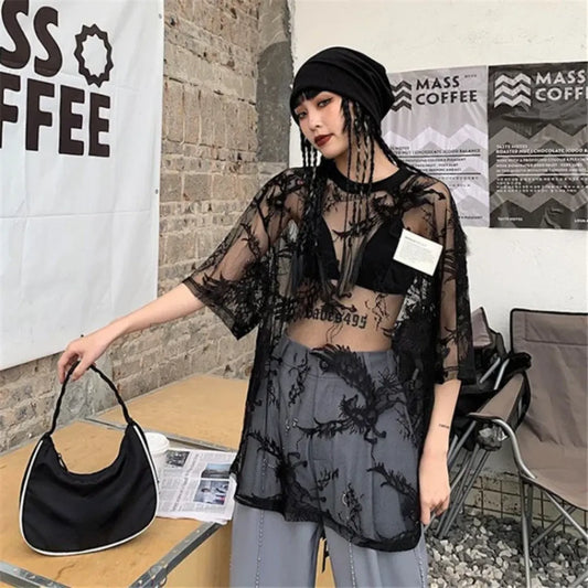 Y2K Mesh Lace Oversized See-Through Tee - T-Shirts - T-Shirt - 1