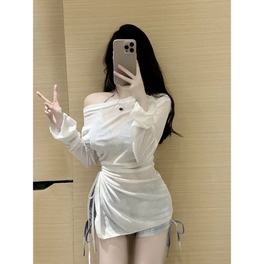 Mesh Tie Side Bikini Set – Korean 3-Piece Swimsuit with Cover-Up - Sexy Products - Long - Swimwear - 2