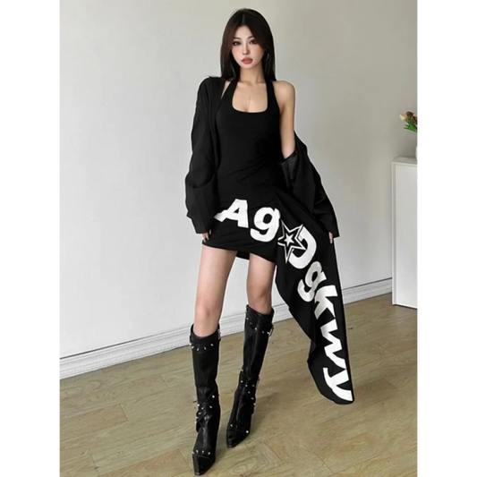 Y2K Letter Print Asymmetrical Halter Mini Dress - All Dresses - Mini Dress - 2