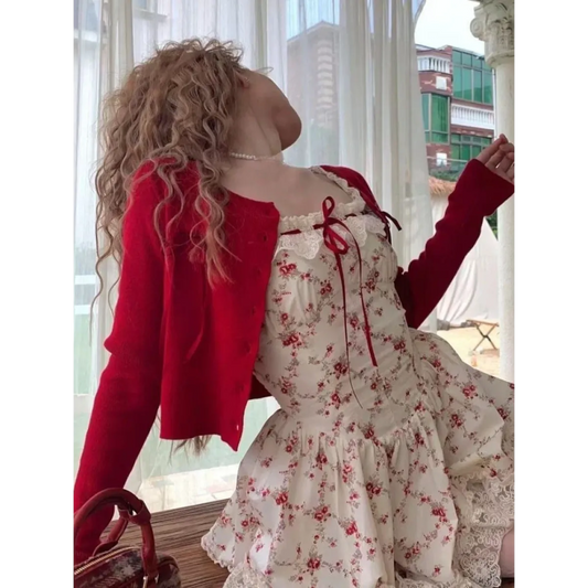 Y2K Floral Lace Mini Dress Set with Knit Cardigan - All Dresses - Sets / Co-ords - 2