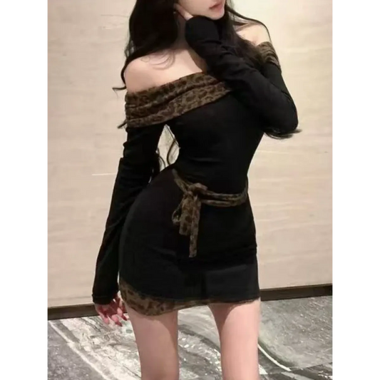 Black Off-Shoulder Mini Dress – Leopard Trim & Belt Detail - All Dresses - Long - Off-Shoulder - Dresses - 1