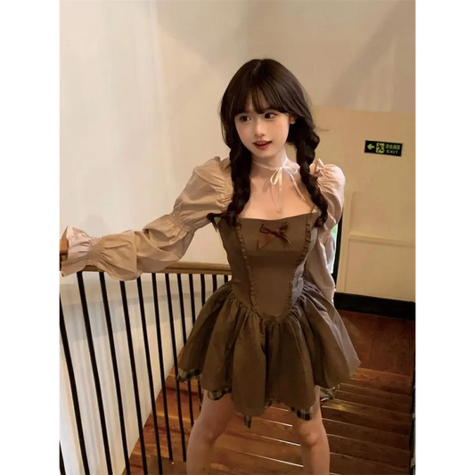 Korean Patchwork Bow Puff Sleeve Mini Dress - All Dresses - Mini Dress - 2