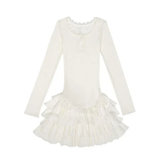 Ruffle Hem Mini Dress – Slim Fit Y2K Long Sleeve Design - All Dresses - Long - Round - Dresses - 2