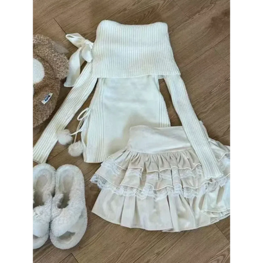 Kawaii Off-Shoulder Knit Lace Set - Bottoms - Sets - 2