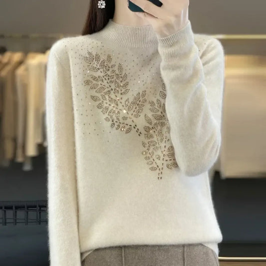 Mock Neck Korean Knit Sweater with Leaf Embellishment - Sweaters - Sweater / Pullover - 5