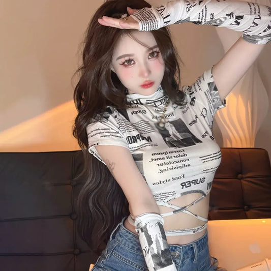 Newspaper Print Slim Crop Top - Women’s Clothing & Accessories - 3