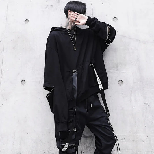 Oversized Ribbon Techwear Black Hoodie - Hoodies & Sweatshirts - 2