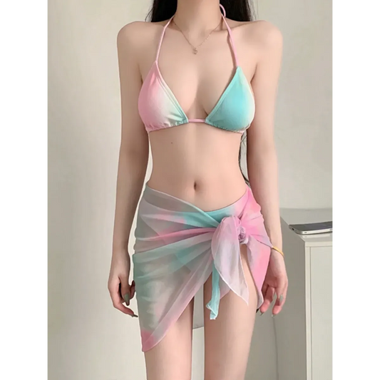 Pastel Gradient Halter Bikini Set – 3PC Korean Swimsuit with Mesh Skirt - Bottoms - Sleeveless - Swimwear - 1