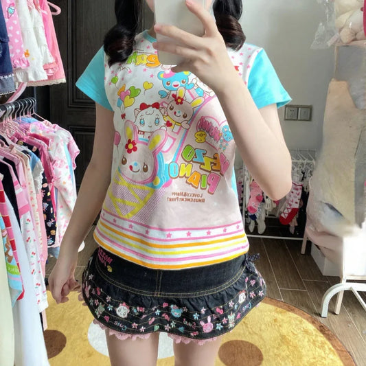 Pastel Kawaii Harajuku Crop Top – Cartoon Print Y2K Aesthetic Tee - T-Shirts - Short - Round - Crop Tops - 2