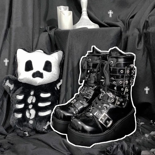 Metal Chain Patent Leather Ankle Boots - Chunky Platform Gothic Boots - Accessories - 4