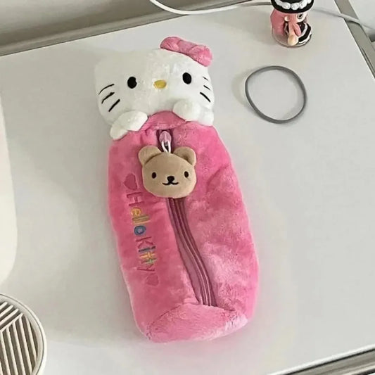 Hello Kitty Plush Pencil Pouch with Bear Zipper Pull - Harajuku Style - Pouch / Makeup Bag - 1