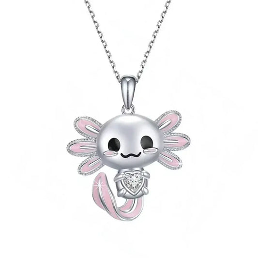 Cute Pink Axolotl Necklace - Enamel Pendant with Crystal Charm - Anime - Jewelry - 1